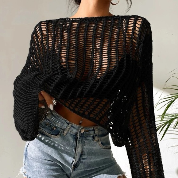 Knit Bell Sleeve Netted Sweater - Picture 9 of 15